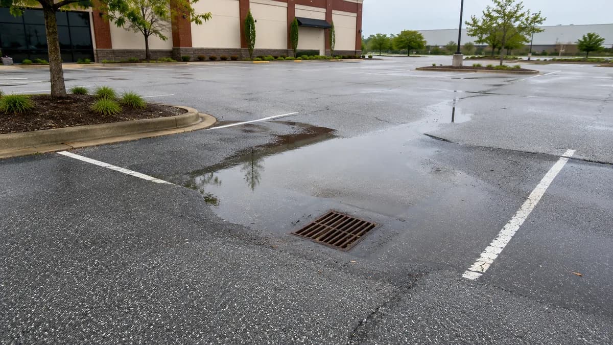 Water pooling in a low spot of a parking lot due to poor drainage.