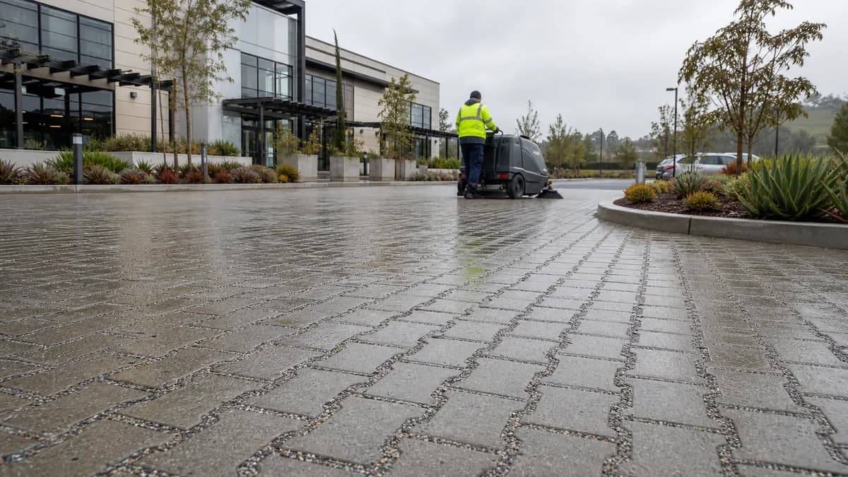 Clean permeable pavers in a California parking area absorbing light rain beside drought-tolerant landscaping.