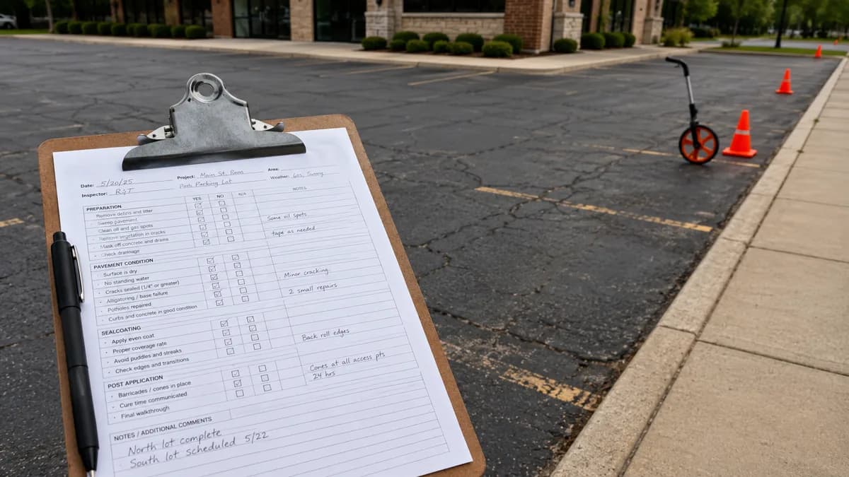 Sealcoating question checklist on a clipboard beside a cracked asphalt parking lot with cones and a measuring wheel.