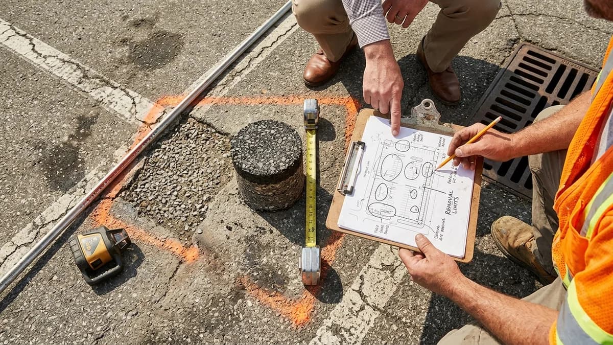 Property manager and paving contractor reviewing marked repair limits, a pavement core, and a site sketch on a clipboard.