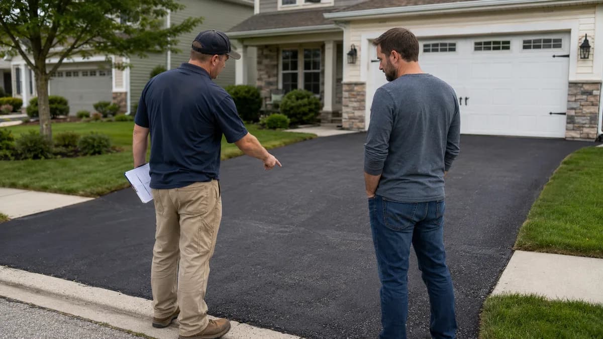 Contractor and homeowner reviewing a freshly paved residential driveway near the garage.