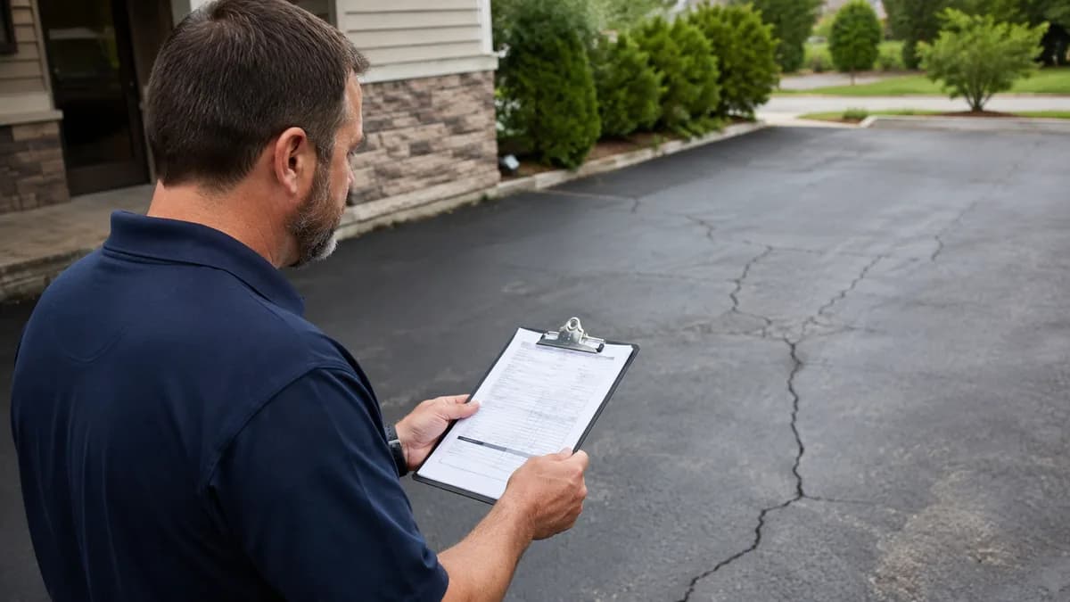 Homeowner reviewing a cracked driveway with a checklist before scheduling sealcoating.