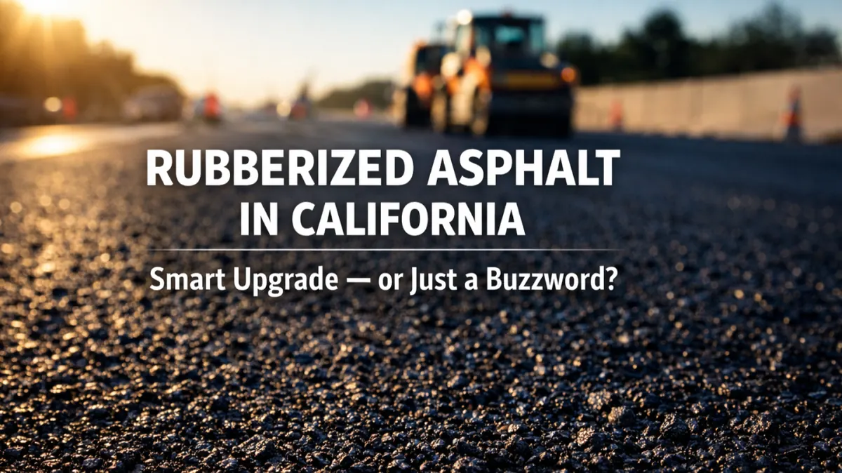 Title card over a low-angle view of fresh asphalt with rollers behind, reading “Rubberized Asphalt in California: Smart Upgrade — or Just a Buzzword?”