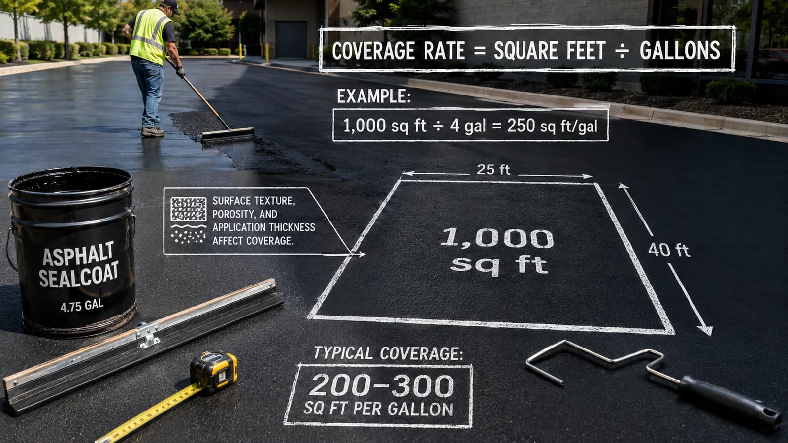 Sealcoating crew member squeegeeing fresh sealer, with chalk notes on the lot showing coverage rate equals square feet divided by gallons and a 25 by 40 foot, 1,000 square foot area example alongside an unbranded sealer pail.