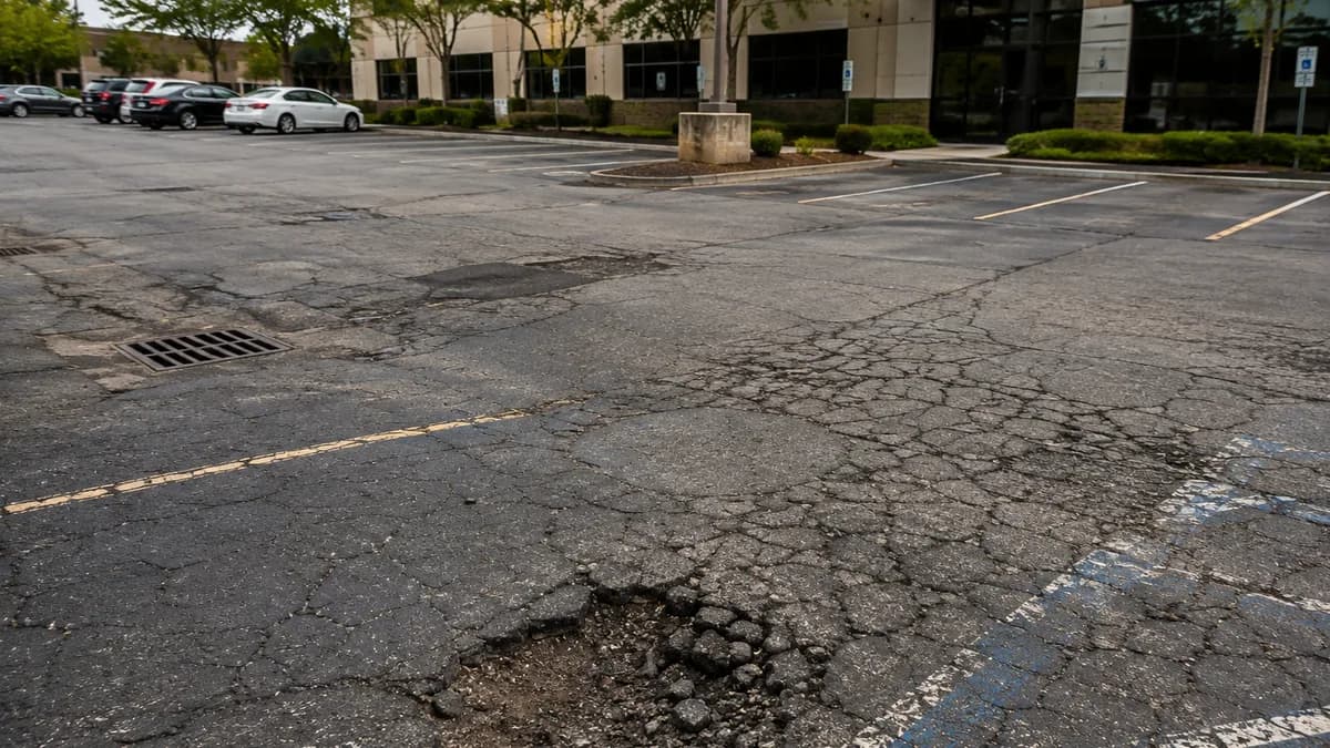 Commercial parking lot showing a pothole, widespread alligator cracking, and faded striping near a drain inlet.