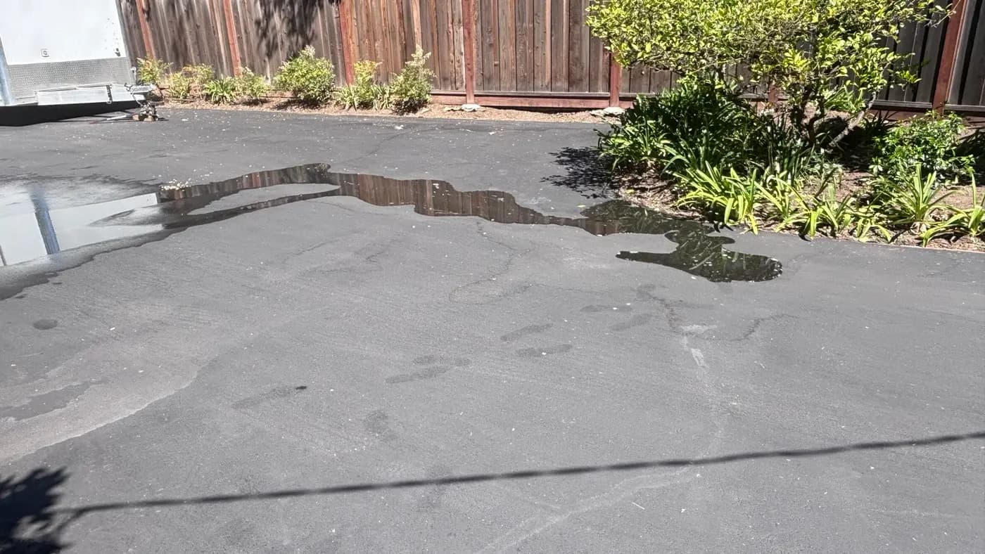 Standing water pooled in a low area of an asphalt parking lot that does not drain