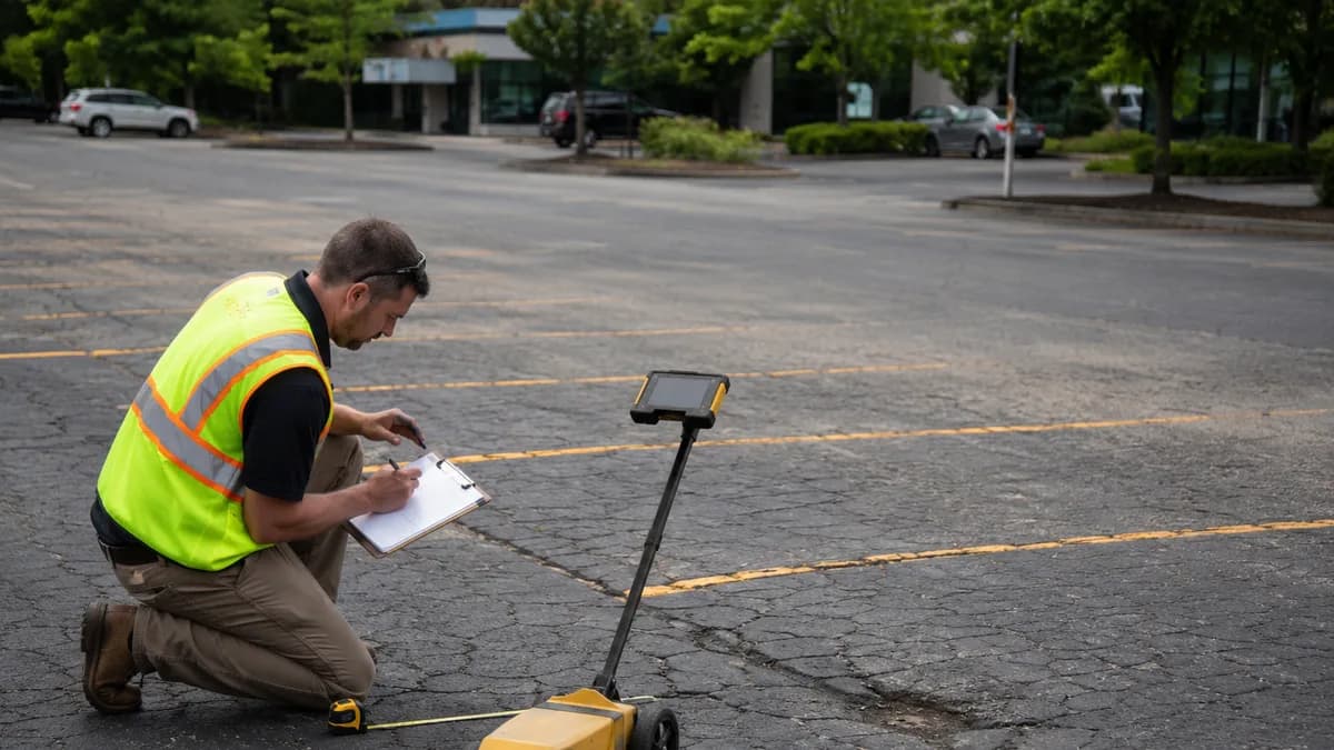 Pavement consultant kneeling to document cracking in a commercial parking lot with a measuring wheel and clipboard.