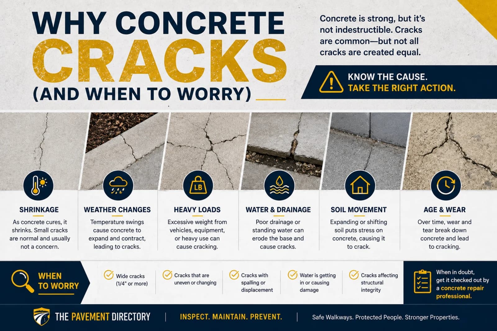 Six close-up examples of cracked concrete labeled with their causes — shrinkage, temperature swings, heavy loads, water and drainage, soil movement, and age and wear — above a row of signs that a crack is worth investigating.