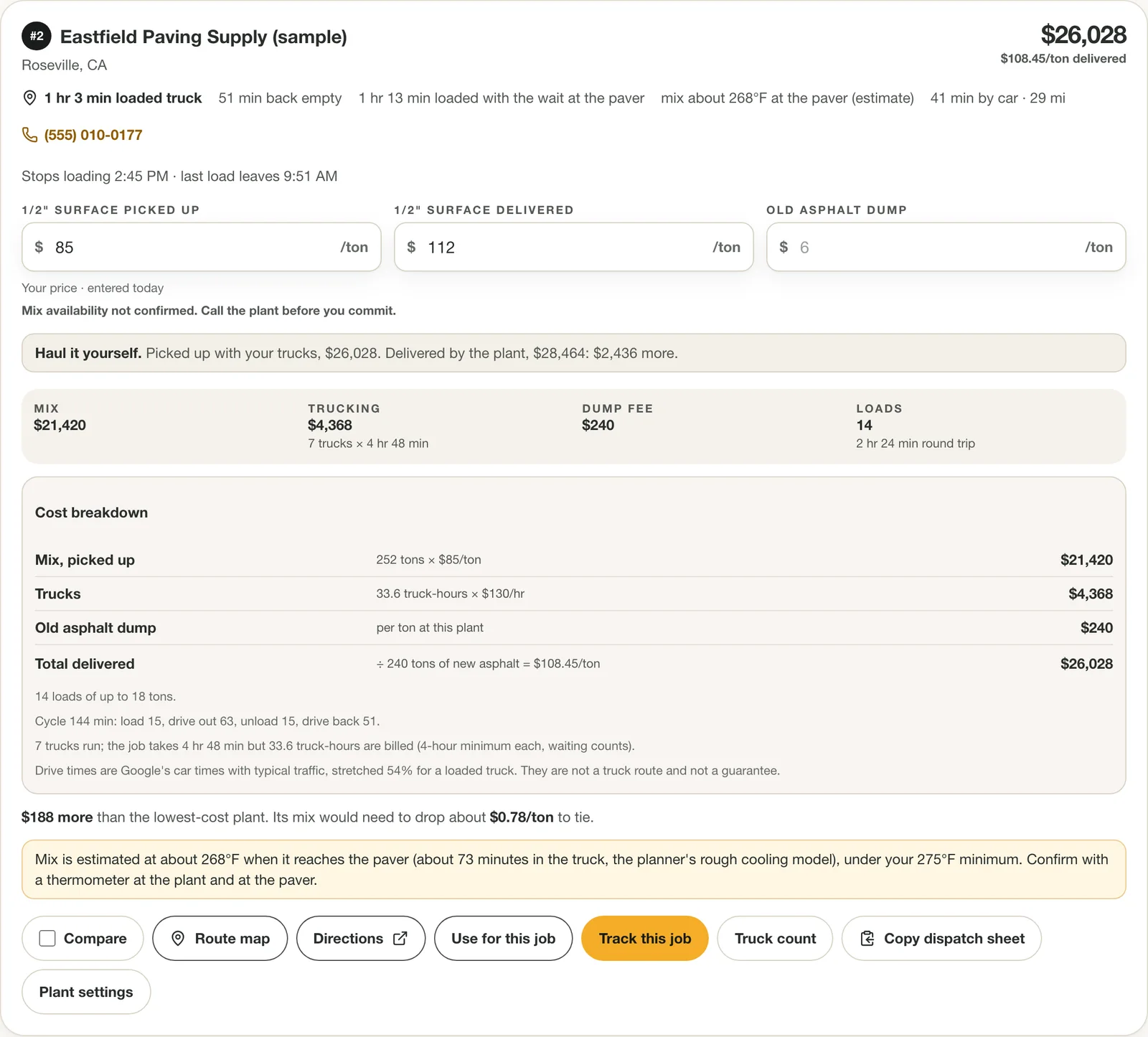 Cost breakdown for one asphalt plant: mix, trucks, old asphalt dump and total delivered, with loads and hours billed.