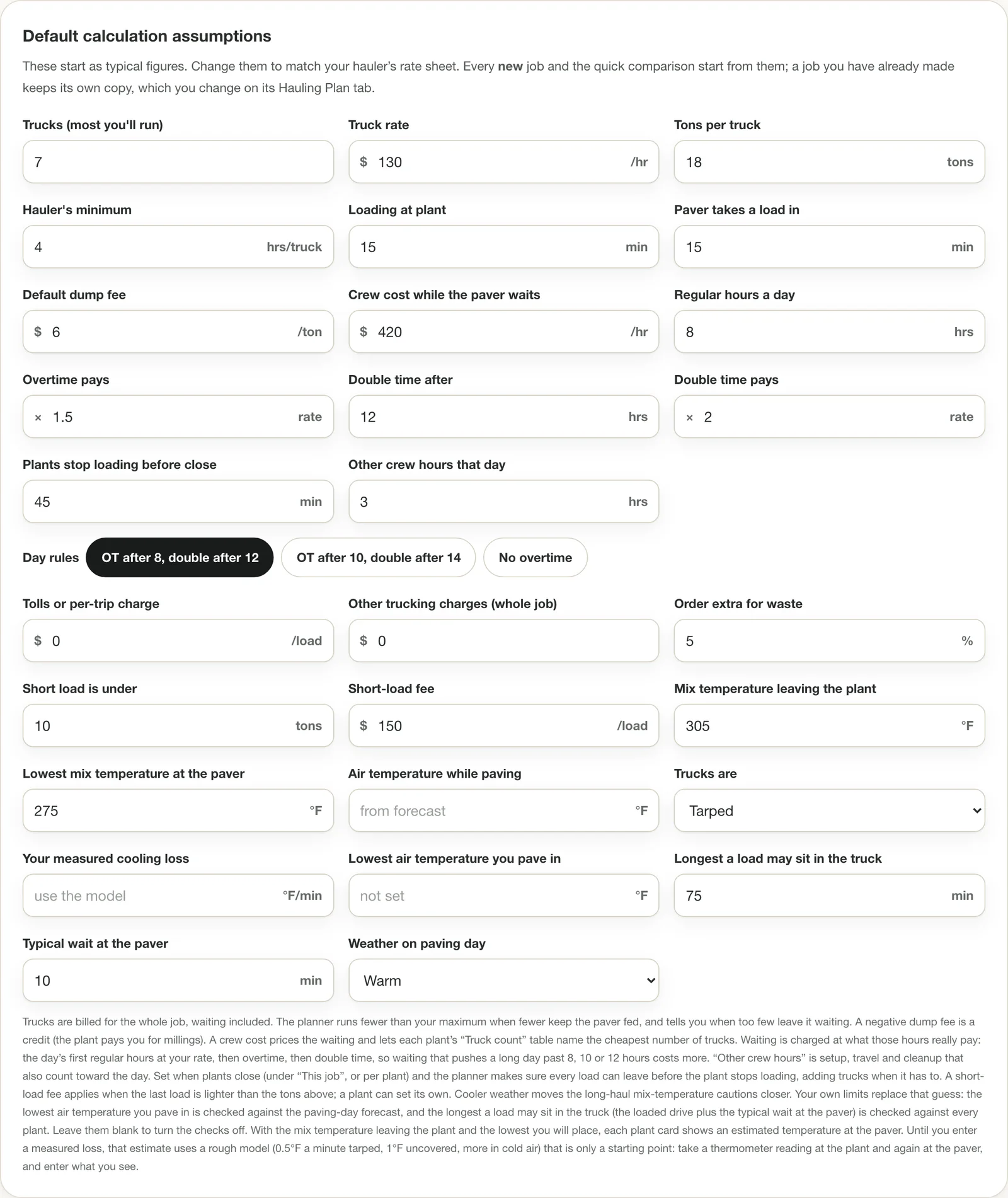 Settings tab default assumptions: trucks, rate, tons per truck, minimum hours, crew pay, waste and mix temperature limits.