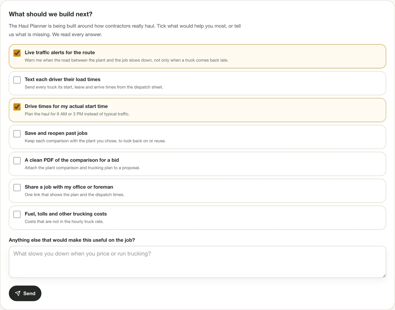 The What should we build next card: a list of ideas with two ticked, a note box and a Send button.