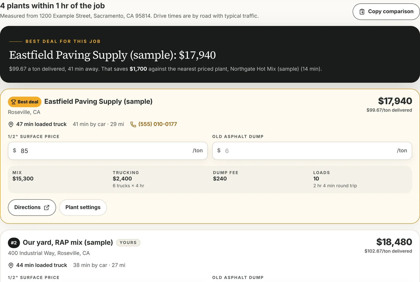 The Haul Planner's results for a sample job: the best-deal plant on top with its total and savings, followed by each plant's cost breakdown.