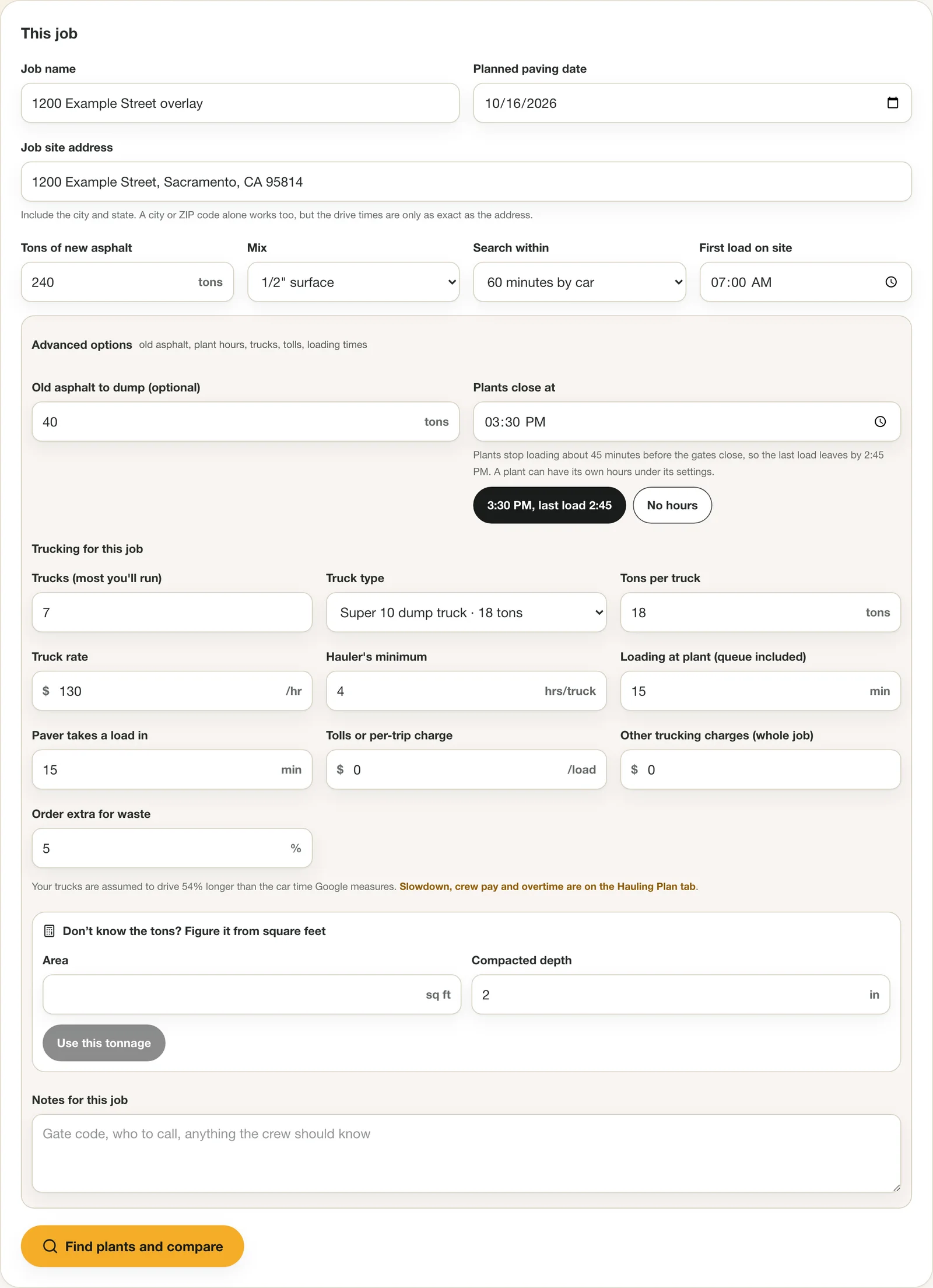 Haul Planner job form for an asphalt overlay: address, 240 tons of new asphalt, mix, first-load time and old asphalt to dump.