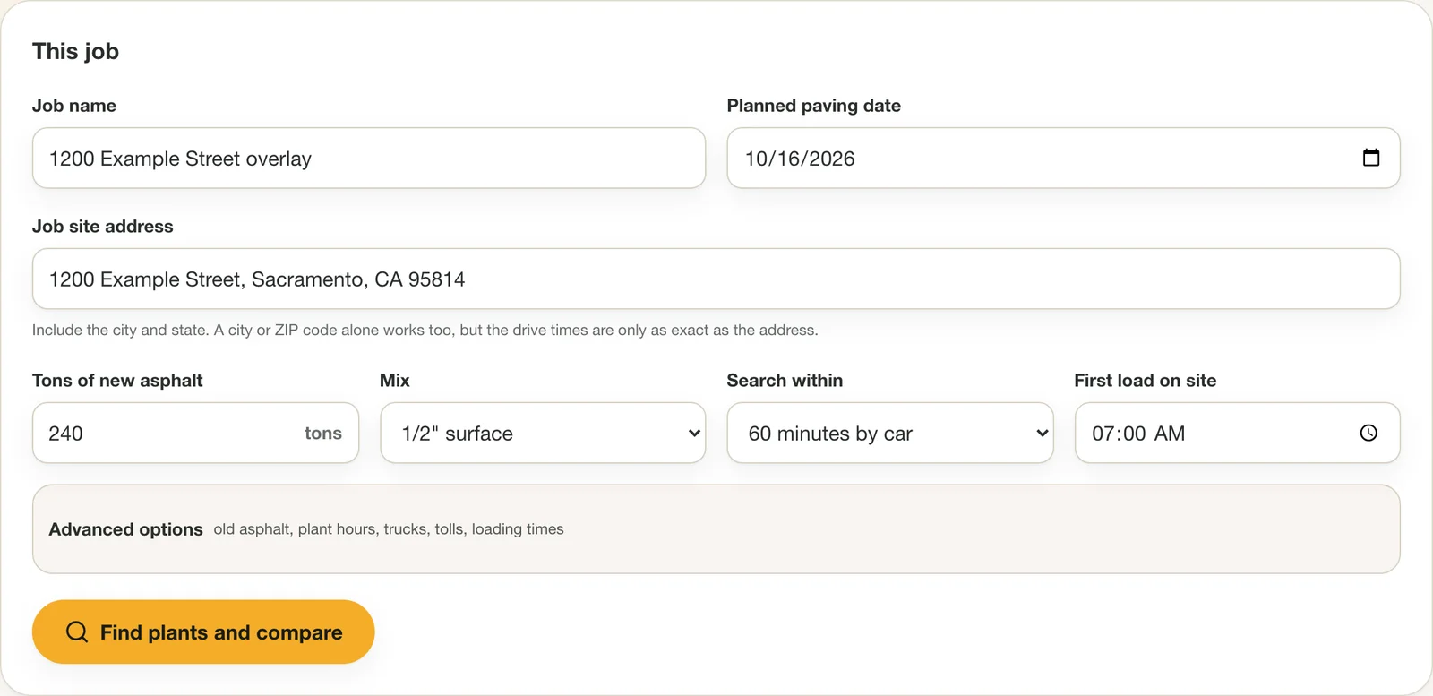 Job form as it first opens: name, paving date, address, tons, mix, search distance and first-load time.