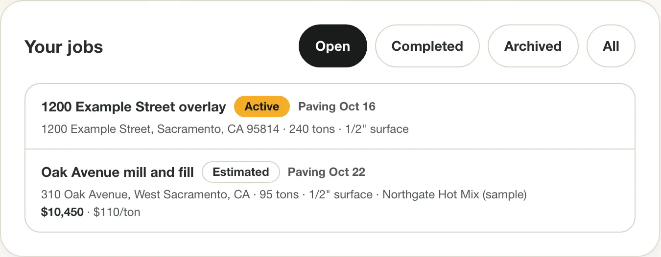 Haul Planner Overview listing saved asphalt paving jobs: an active overlay and an estimated job (sample data).