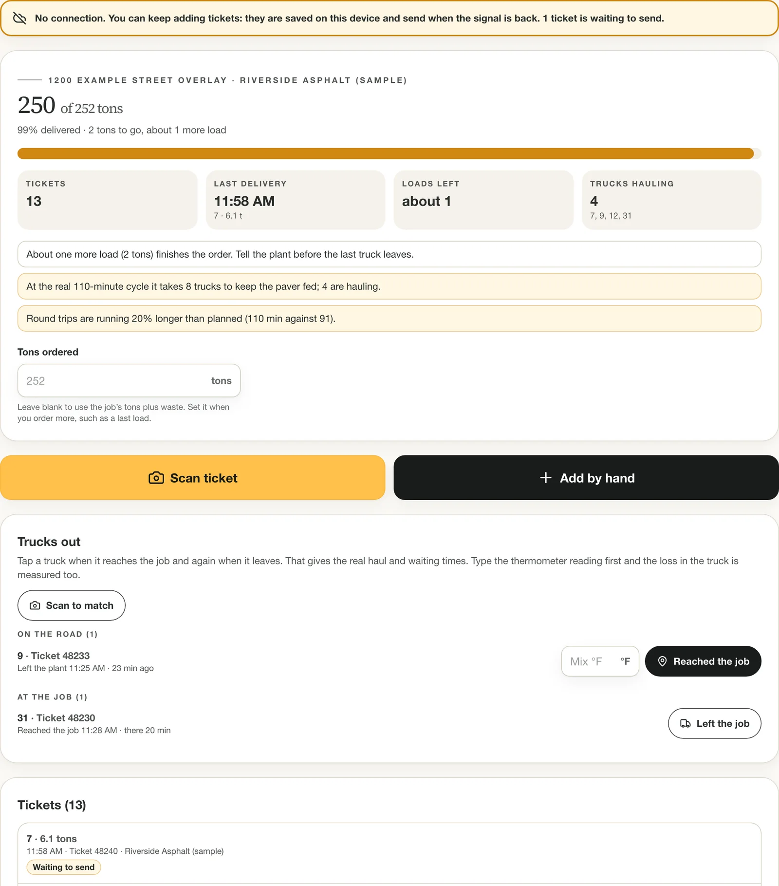 Track Deliveries with no signal: tickets are saved on the device and a new ticket is marked Waiting to send.
