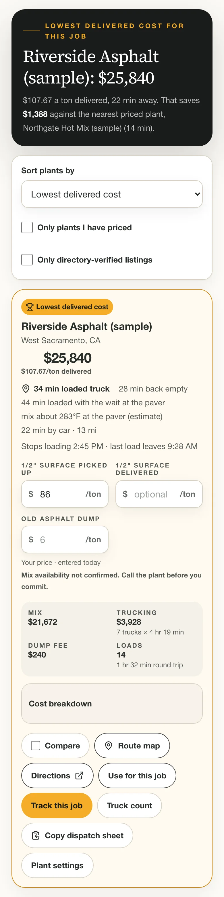 Haul Planner on a phone: a job card and the lowest delivered cost plant, laid out for use from a truck cab.