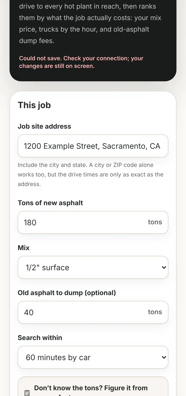 The Haul Planner on a phone, showing the job card and a ranked plant.