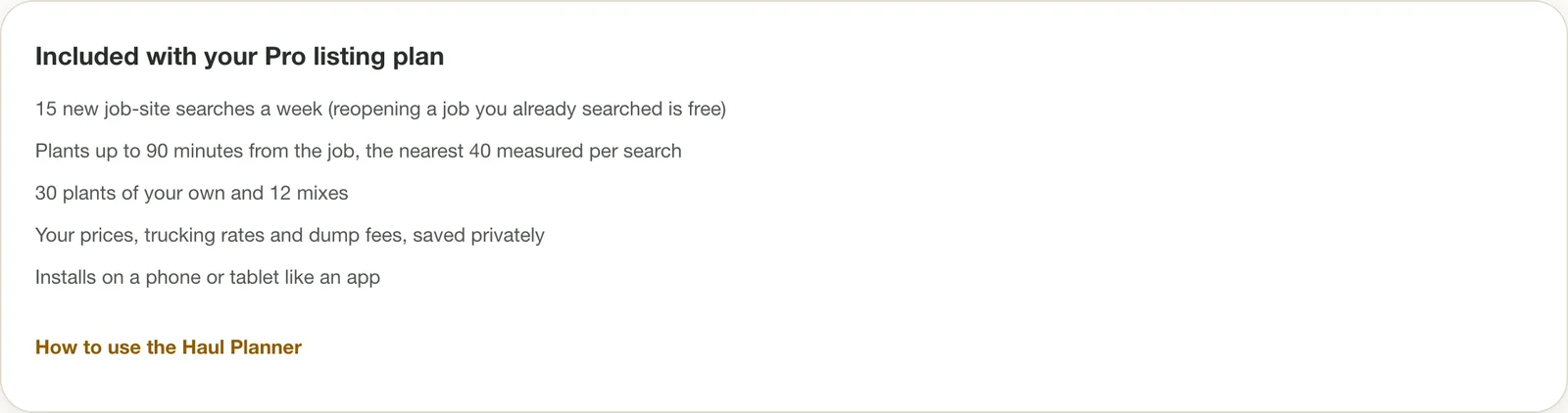 The Your plan card showing the Pro listing plan's weekly searches, search distance, plants and mixes.