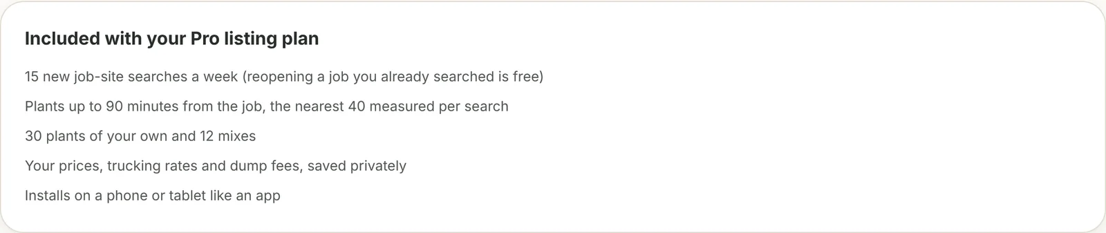 The Your plan card showing the Pro listing plan's weekly searches, search distance, plants and mixes.
