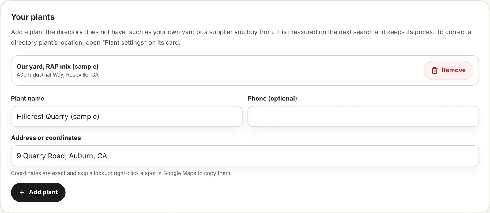 The Your plants card listing a custom plant named Our yard with Remove button, and a form to add another plant with name, phone and address.