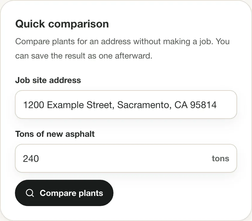 Quick comparison card on the Overview: a job-site address, tons and a Compare plants button.