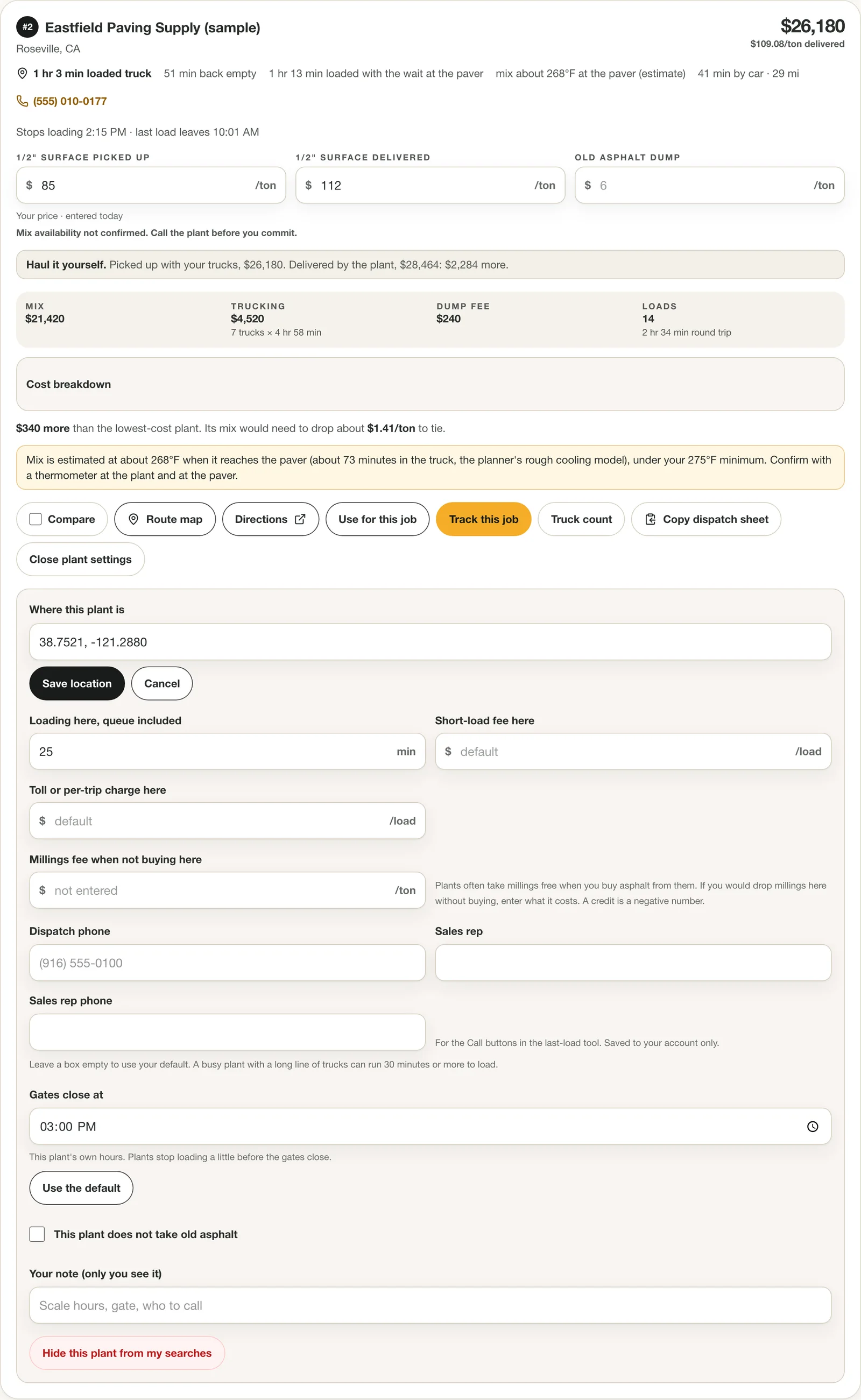 Settings for one asphalt plant: location, loading minutes, closing time, whether it takes old asphalt, and a private note.