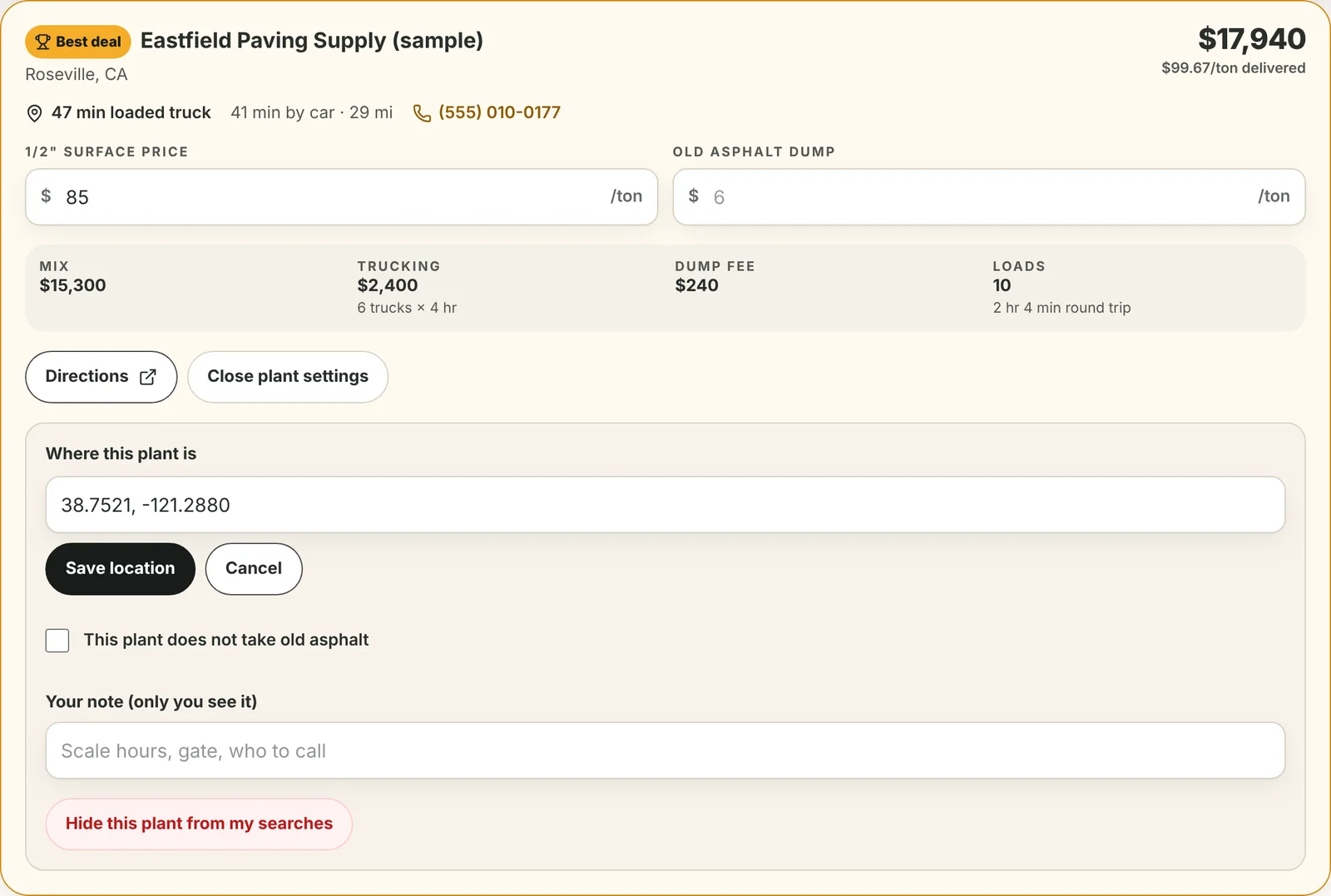Plant settings open on a plant card, with a location field showing coordinates, a checkbox for plants that do not take old asphalt, a private note field and a Hide button.