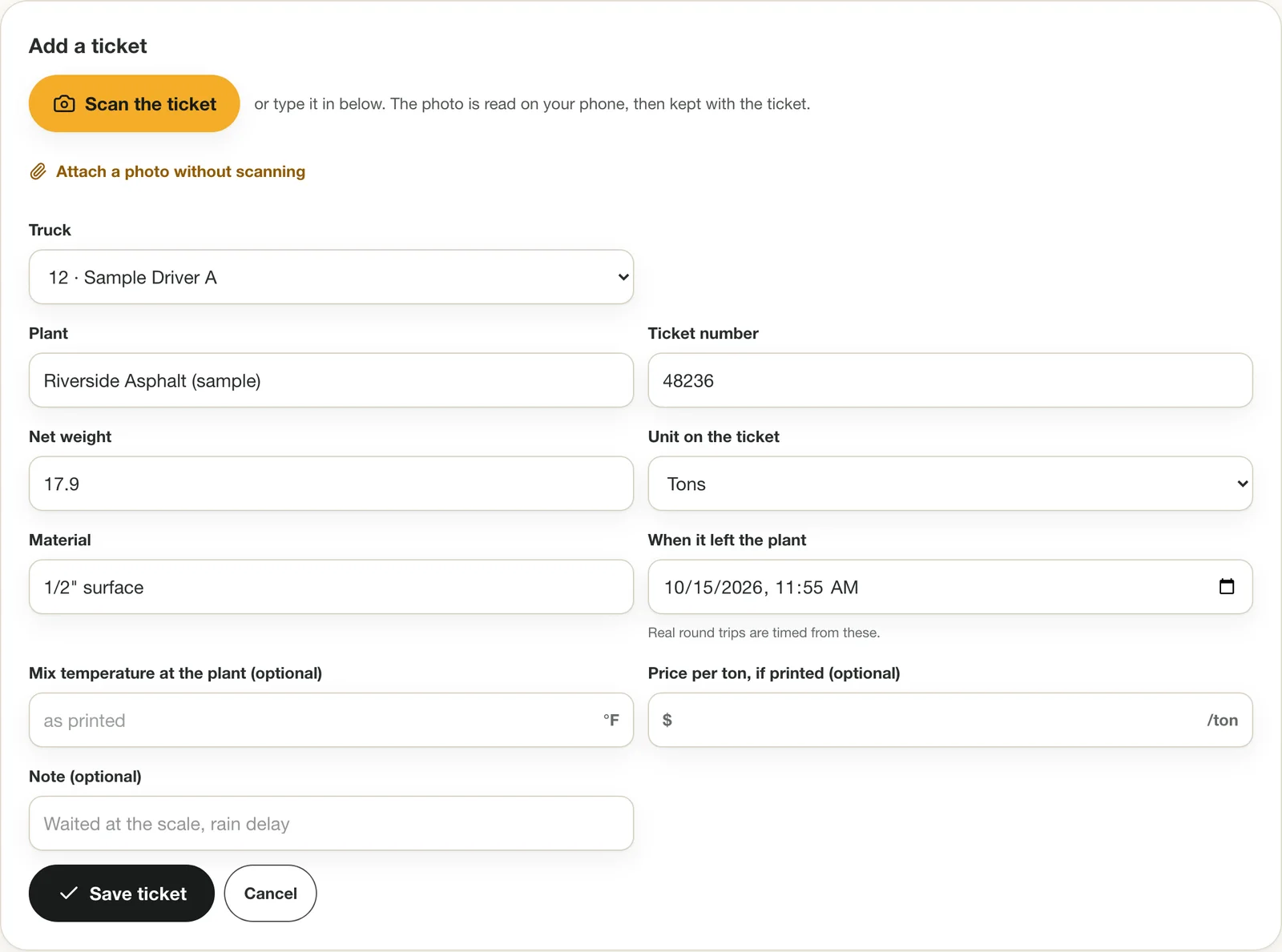 Adding an asphalt weigh ticket: scan or type the plant, ticket number, net weight, material and the time the load left the plant.