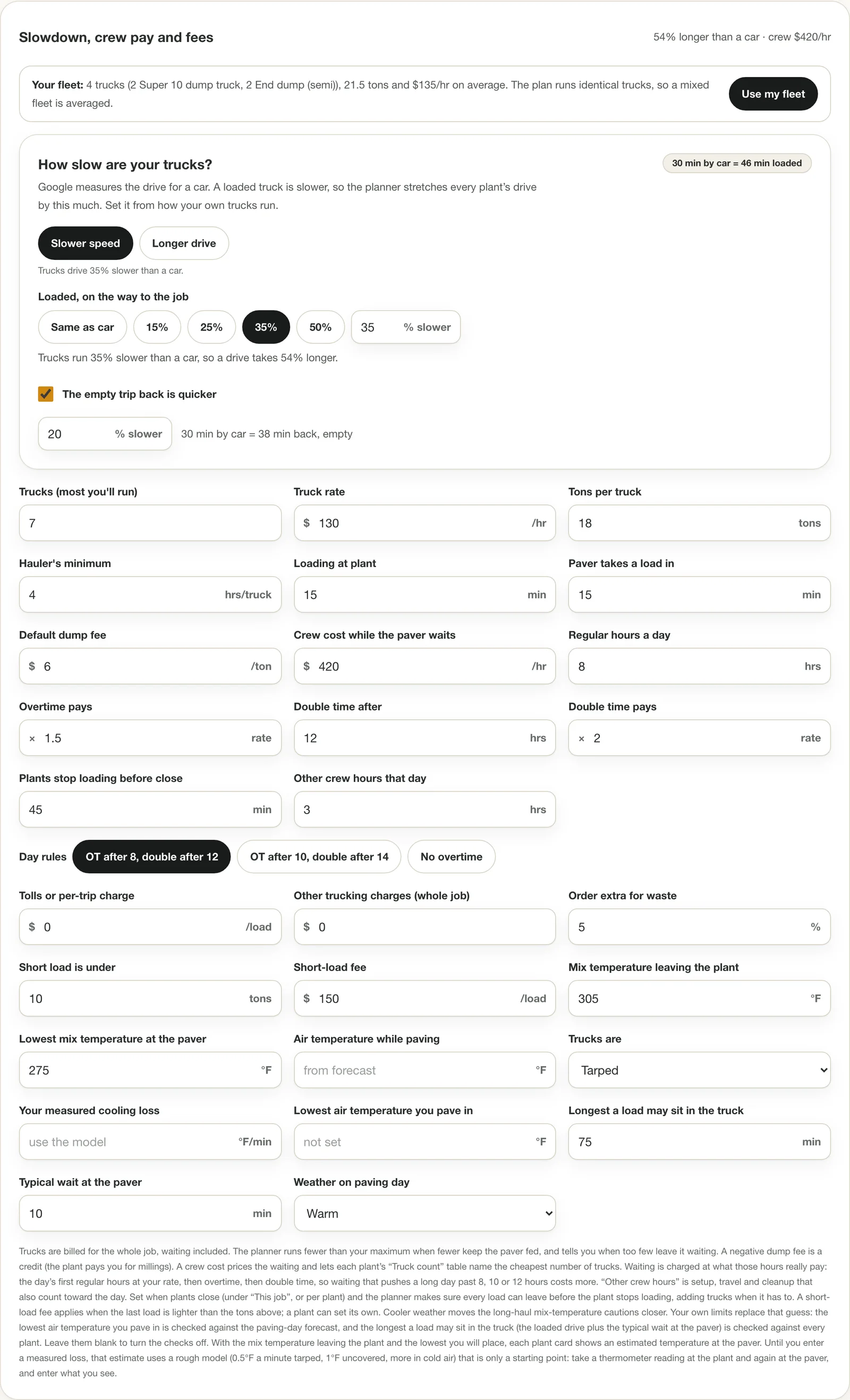 Trucking and crew settings: truck count, hourly rate, tons per truck, hauler's minimum hours, dump fee and crew overtime rules.