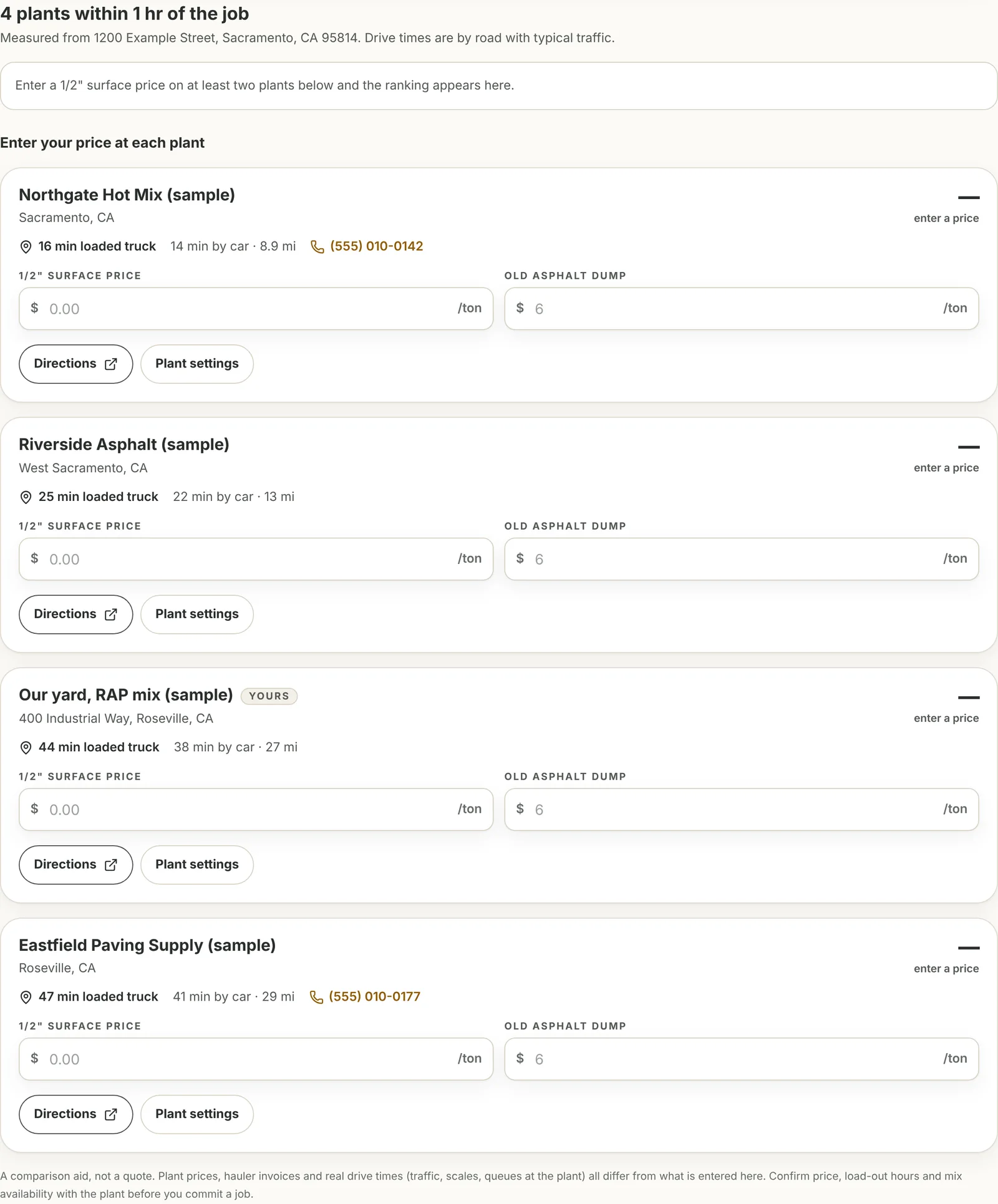A list of hot mix plants near the job site, nearest first, each card showing drive time and empty price boxes headed Enter your price at each plant.