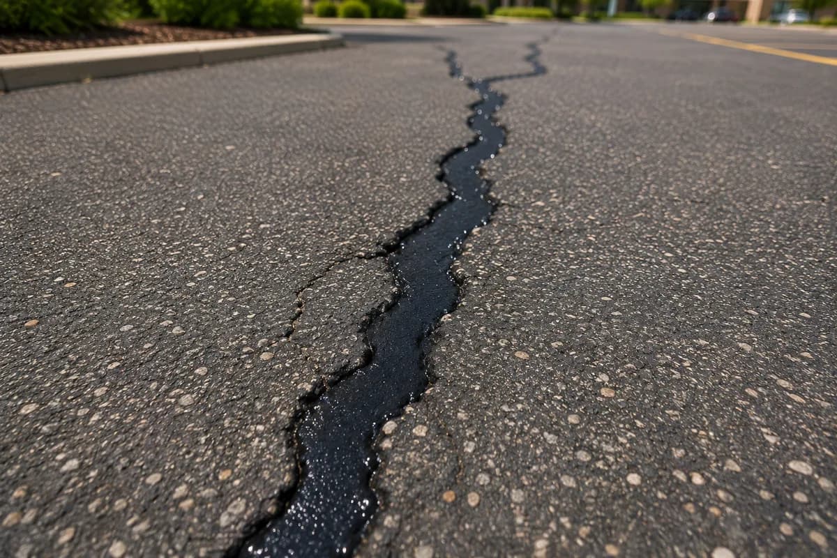 Close-up of a sealed pavement crack filled with rubberized crack sealant.