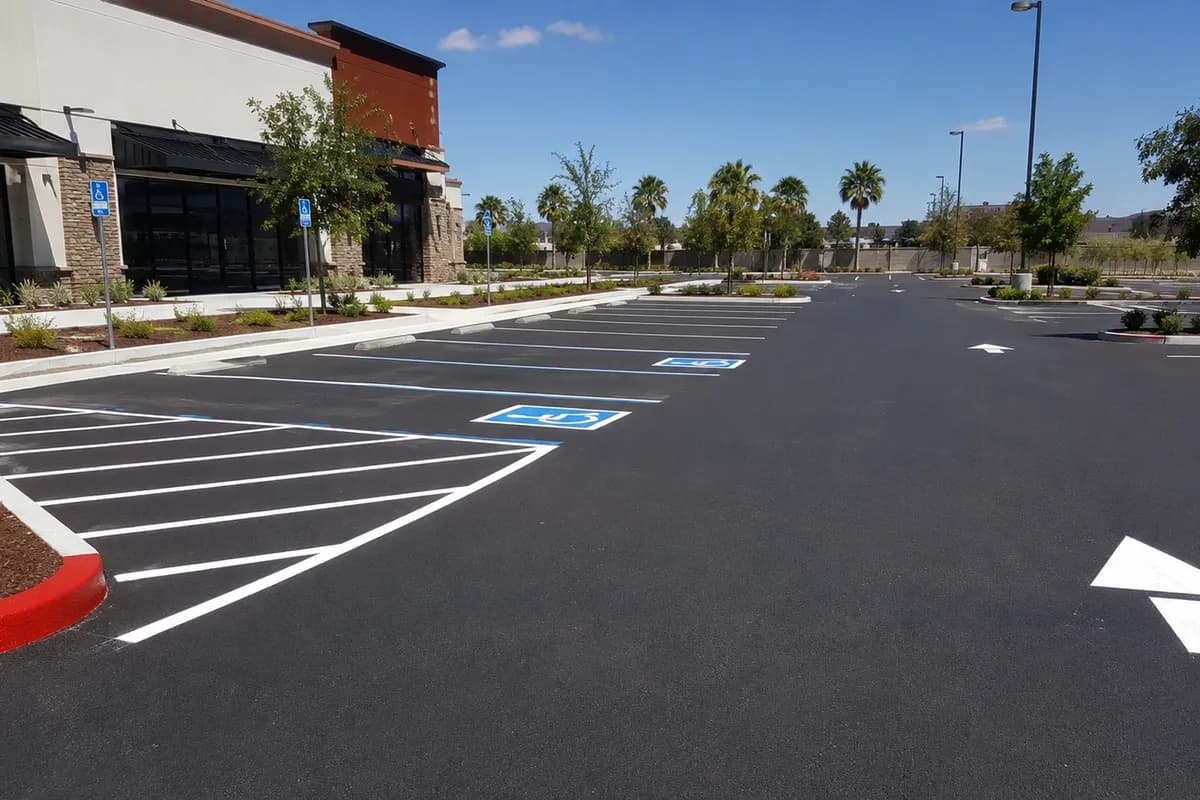 Freshly painted parking lot stalls and a directional arrow on dark asphalt.