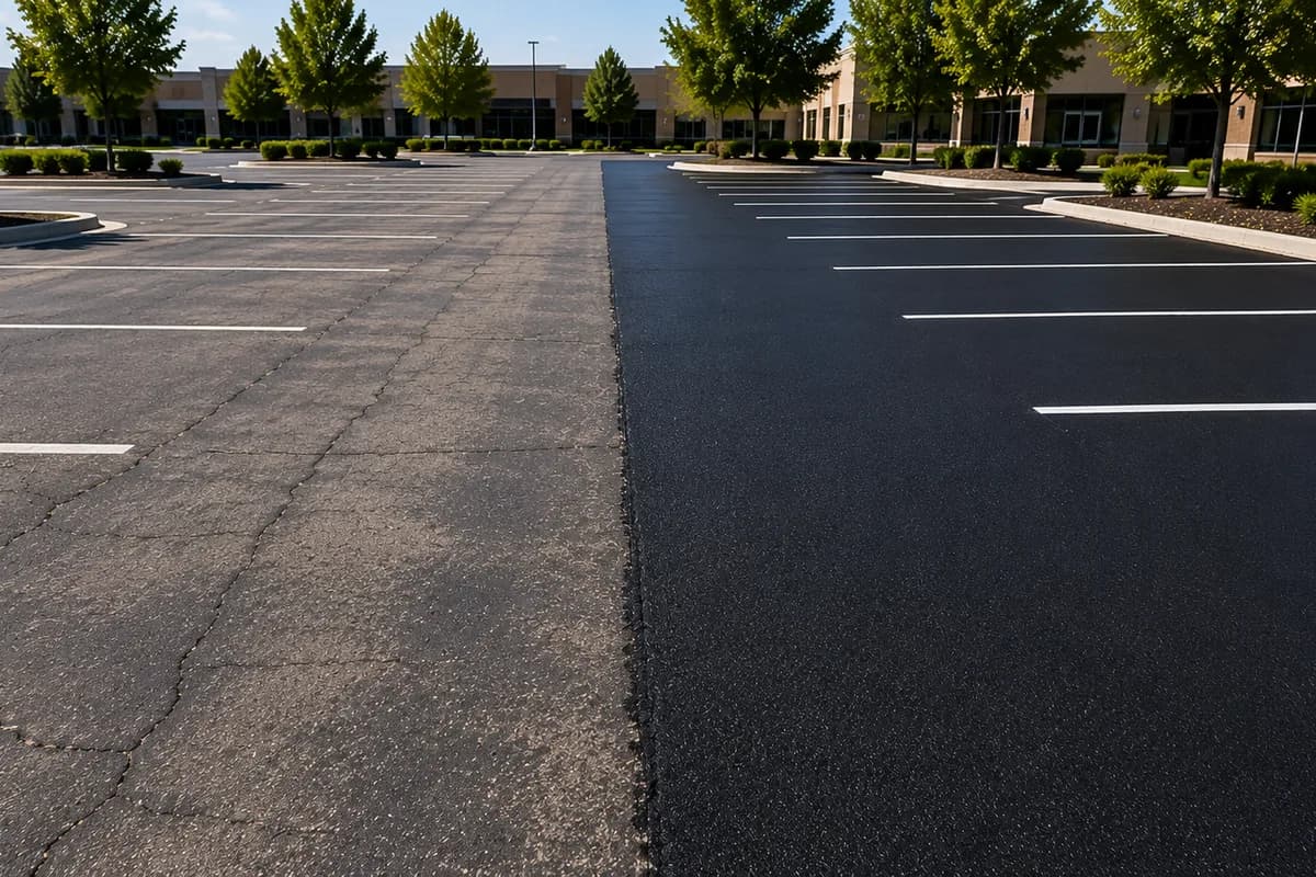 Dark, freshly sealcoated asphalt parking lot surface with visible lane striping.