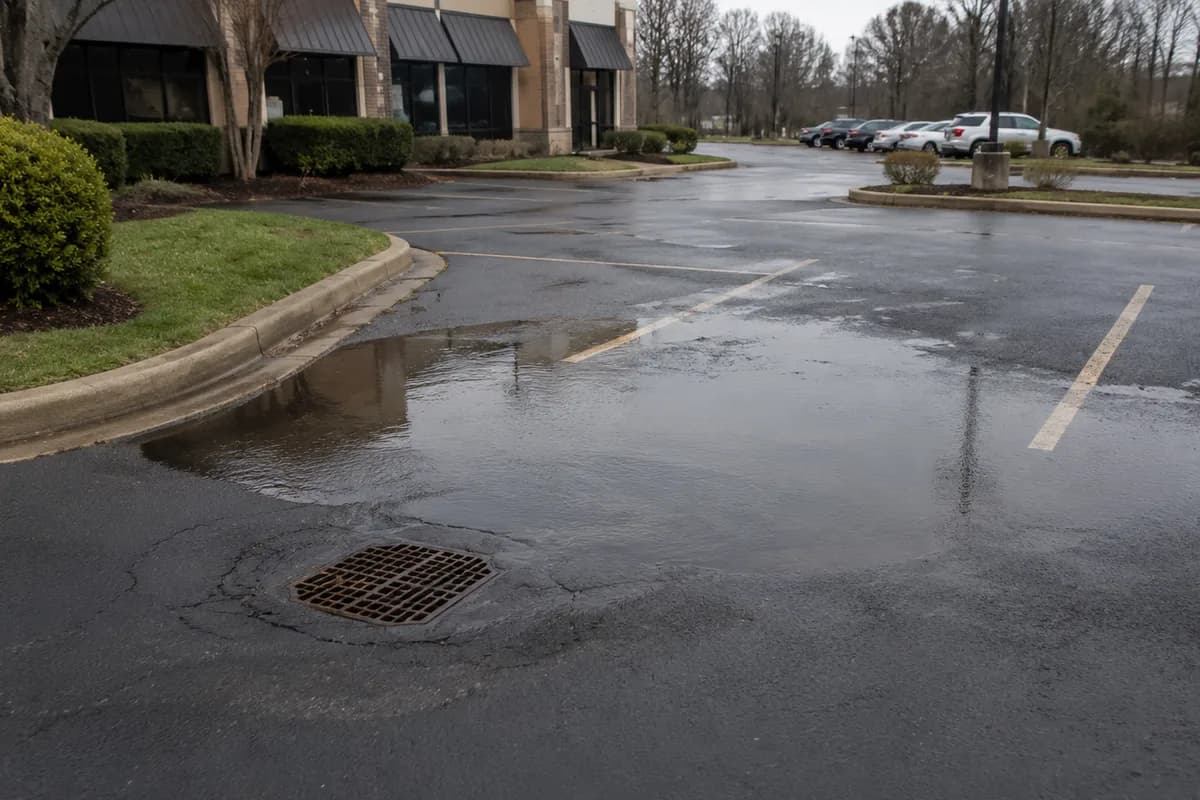 Standing water pooled near a parking lot drain inlet after rain.