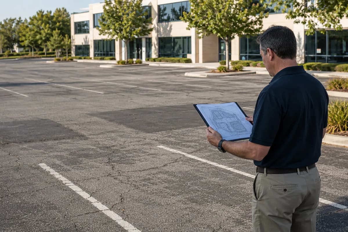 Facility manager reviewing a pavement site plan on a tablet in a parking lot.