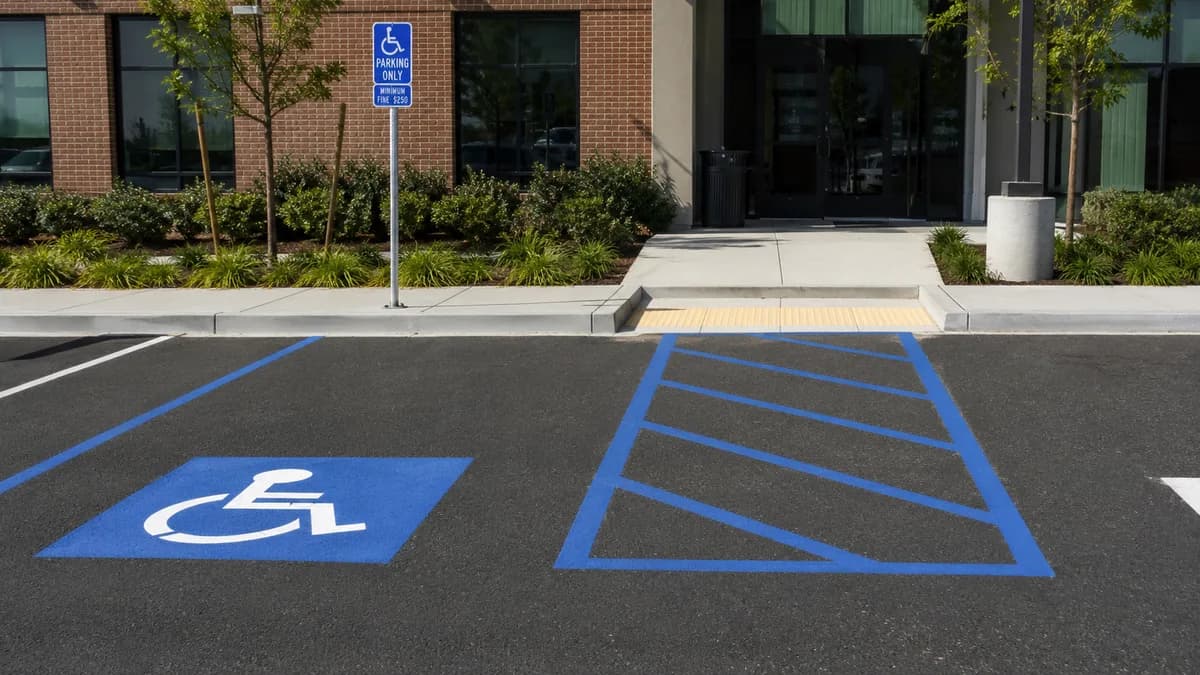 Marked ADA parking stall and access aisle striping viewed from above.