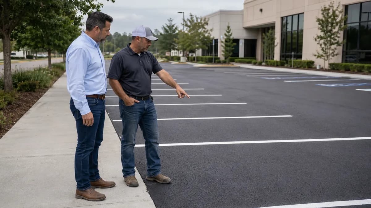 Two people reviewing a freshly striped commercial parking lot during a paving site walk.