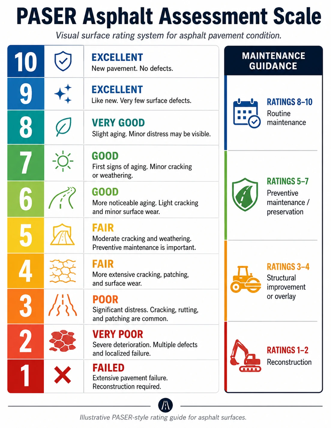 The PASER asphalt rating scale, running from 10 down to 1. Ten and nine are excellent, new or like-new pavement. Eight is very good with slight aging. Seven and six are good, showing first signs of aging then light cracking and surface wear. Five and four are fair, with moderate then more extensive cracking, patching, and surface wear. Three is poor, with significant cracking, rutting, and patching. Two is very poor, with severe deterioration and localized failure. One is failed, requiring reconstruction. A maintenance guidance panel groups the scale into broad bands: routine maintenance at the top of the scale, preventive maintenance and preservation in the middle, structural improvement or overlay below that, and reconstruction at the bottom.